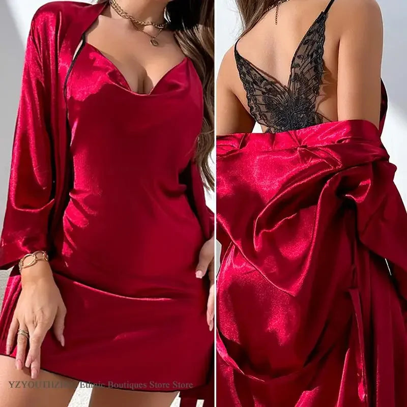 Female Nighty&Robe Set Four Seasons Homewear Butterfly Lace Nightgown Pajamas Dresses Wo Piece Set Thin Outerwear Loungewear