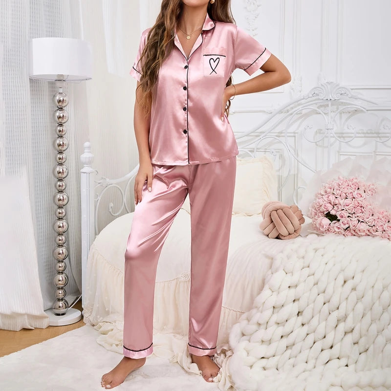 Women Pajamas Sets Spring Short Sleeve Satin Button-Down Top with Pants 2 Piece Pajama Set Sleepwear Pj Set Homewear Loungewear