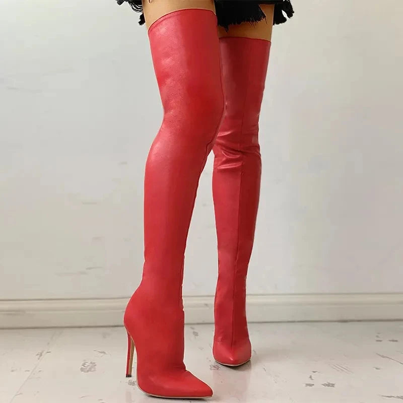 Women Boots Red Black Pointy Toe Thigh High Long Boots Autumn Winter Zip Over-the-Knee Boots Party Shoes Plus Size 46 Stiletto