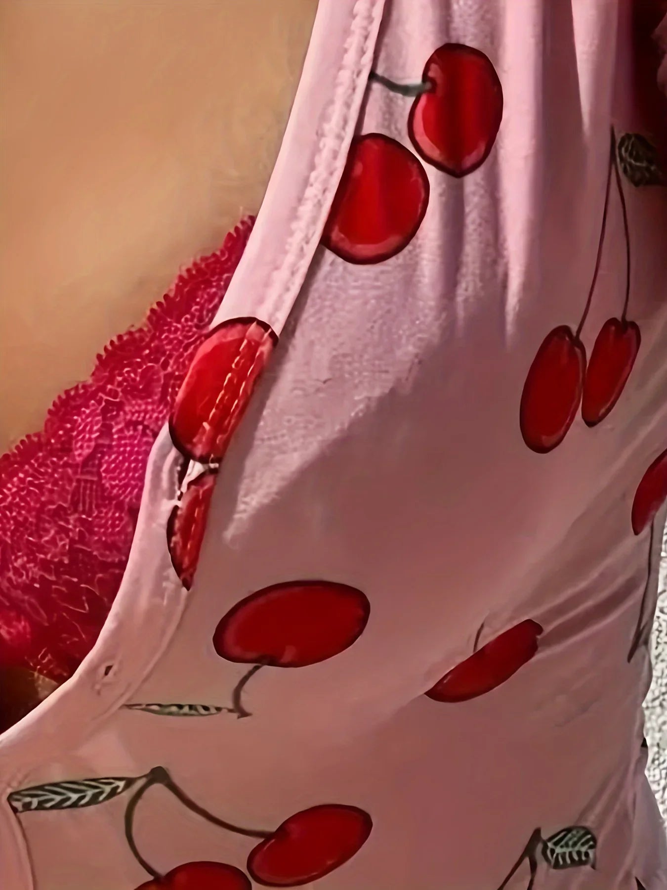 Casual Cherry Print V-neck Front Button Onesies Women's Bodysuit Pajamas Sexy Long Sleeve Slim Fit Jumpsuit Sleepwear