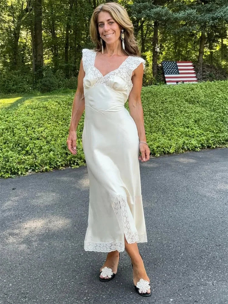 Tossy Fashion Satin Lace Long Dress Women V-Neck Patchwork Hollow Out Sleeveless Lace-Up Dress Evening Female Autumn Maxi Dress
