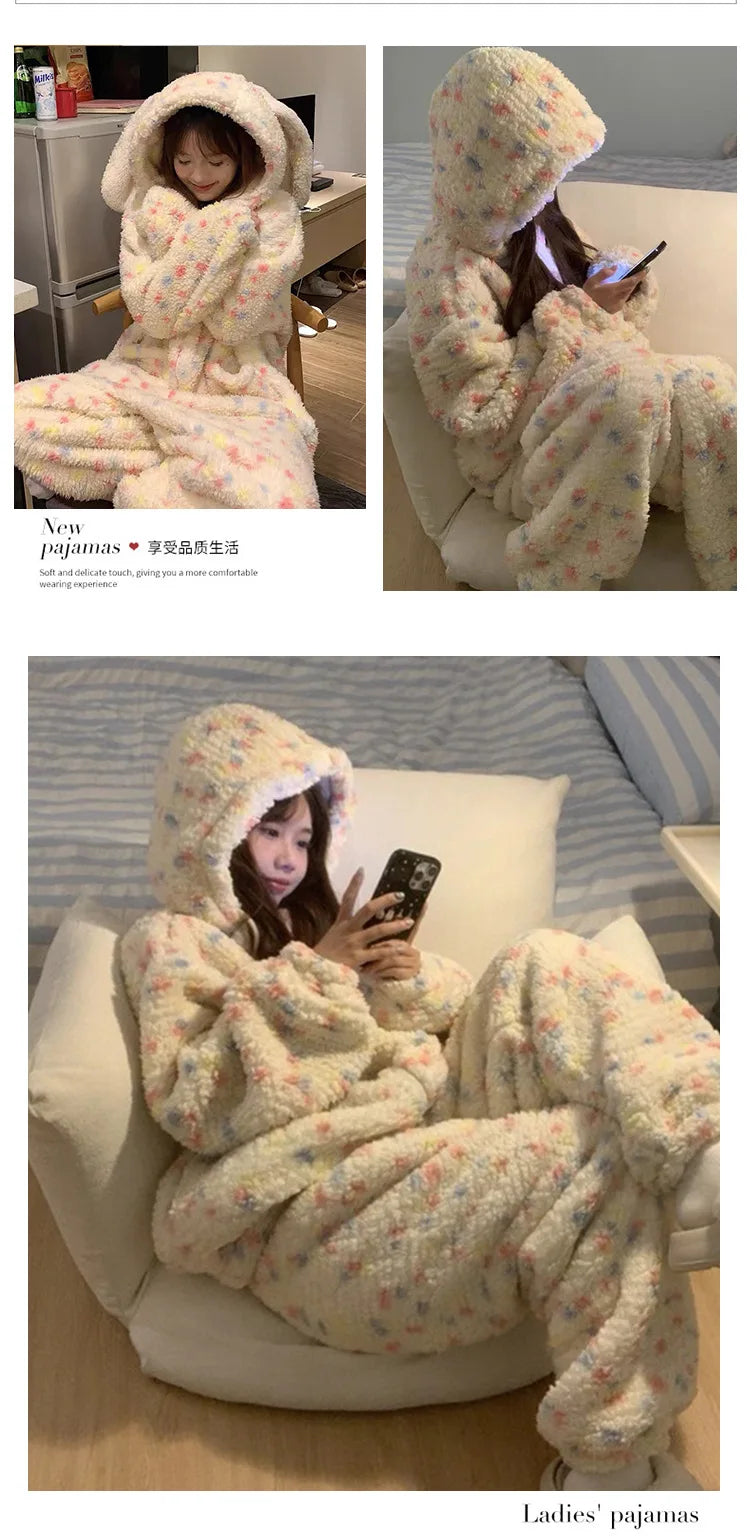 Rabbit Ears Onesie Pajamas Girl's Coral Fleece Thickened Sweet Hooded Nightgown Women's Homewear Long Sleeve Homeclothes Winter