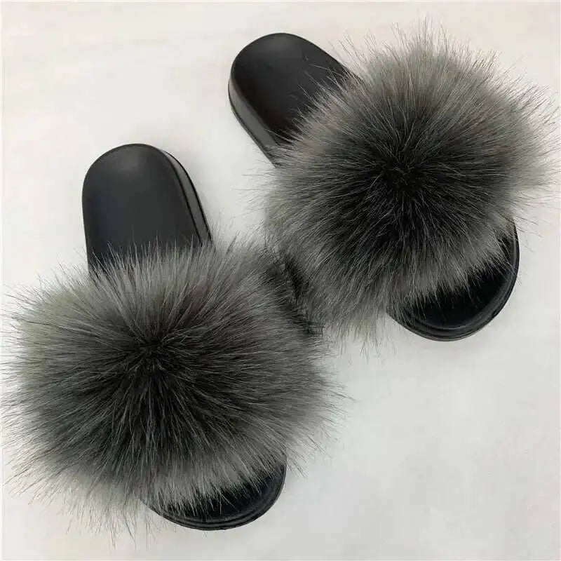 Ladies Fluffy Slippers Summer Women Faux Fur Soft Slides Stylish Open Toe Sandals Outdoor Indoor Furry Comfortable Beach Shoes