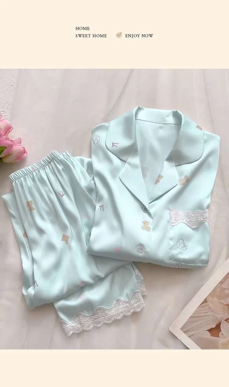 Bear Print Pajamas Women Cool Ice Silk Short Sleeve Pants Loungewear Cardigan Lace Fall and Winter Two-Piece Set Plus Size