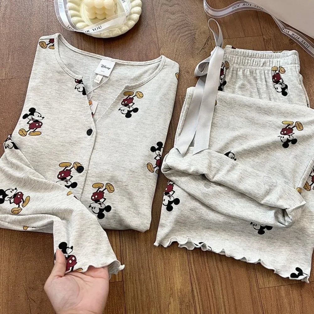 Potdemiel Mickey Women's Pajama Set Autumn, Korean Style Long Sleeve Loungewear, Premium Cotton Sleepwear with Pants