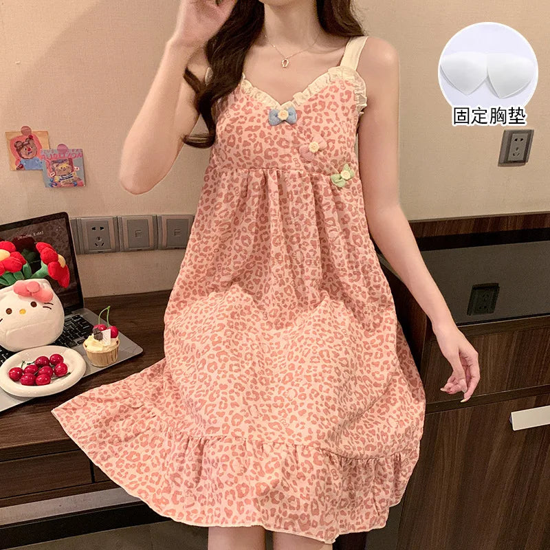 Sweet Lace Ruffle Sleepwear Woman Korean Fly Sleeves Summer Nightgown with Cheat Pad  V-neck Pajamas Dress Sleeping Home Clothes