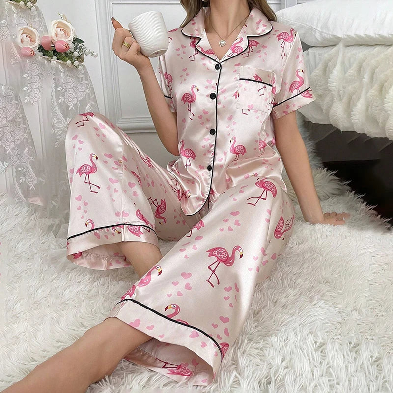 Women Pajamas Sets Spring Short Sleeve Satin Button-Down Top with Pants 2 Piece Pajama Set Sleepwear Pj Set Homewear Loungewear