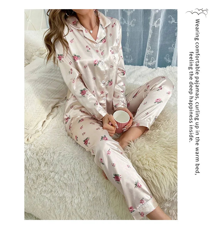 Pajamas For Women's Floral Print Long-Sleeved Sleepwear Button Down 2 Piece Soft Loungewear Pjs Set Pajama Pants Homewear