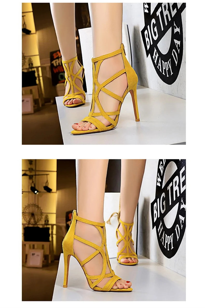Women Roman style Thin High Heels Pumps Pointed Toe Suede Hollow Strap Party Shoes Solid Solid Ankle Zip Summer Sandals