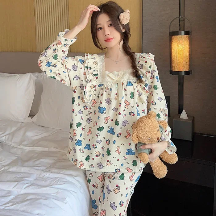 100kg Plus Size Cherry Print Pajama Women Korean Sweet Spring Long Sleeve Top Long Pants Plaid Homewear Princess Loose Outfits