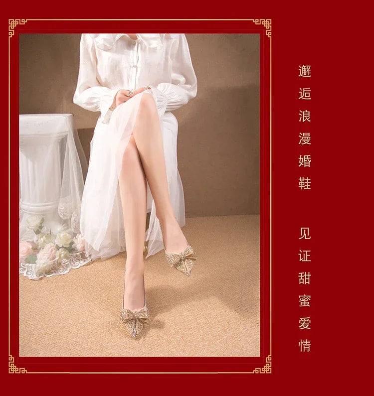New  Women's Rhinestone Wedding Shoes Year Shoes Luxury Buckle Decorative Banquet Women's Shoes High Heels Gold Silver Red