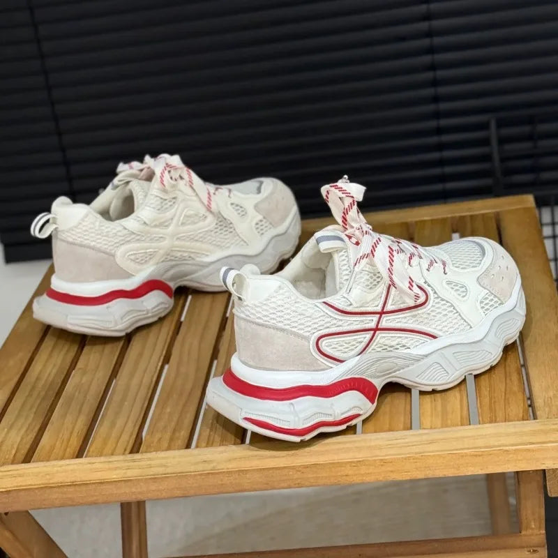 Spliced Mesh Lace-Up Sneakers Fashion Round Toe Deep Mouth Soft Sole Non-Slip Low Top Single