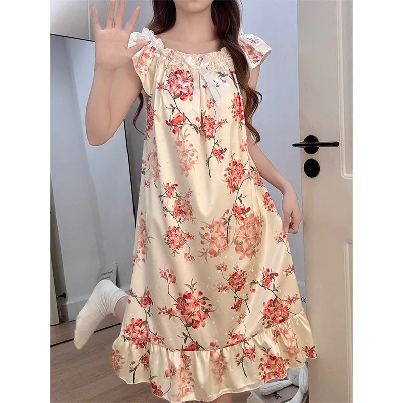 Ice Silk Satin Pajamas Women's Korean Summer Nightgown with Chest Pads Sweet Lace Ruffle Sleeved Long Dress Floral Loungewear