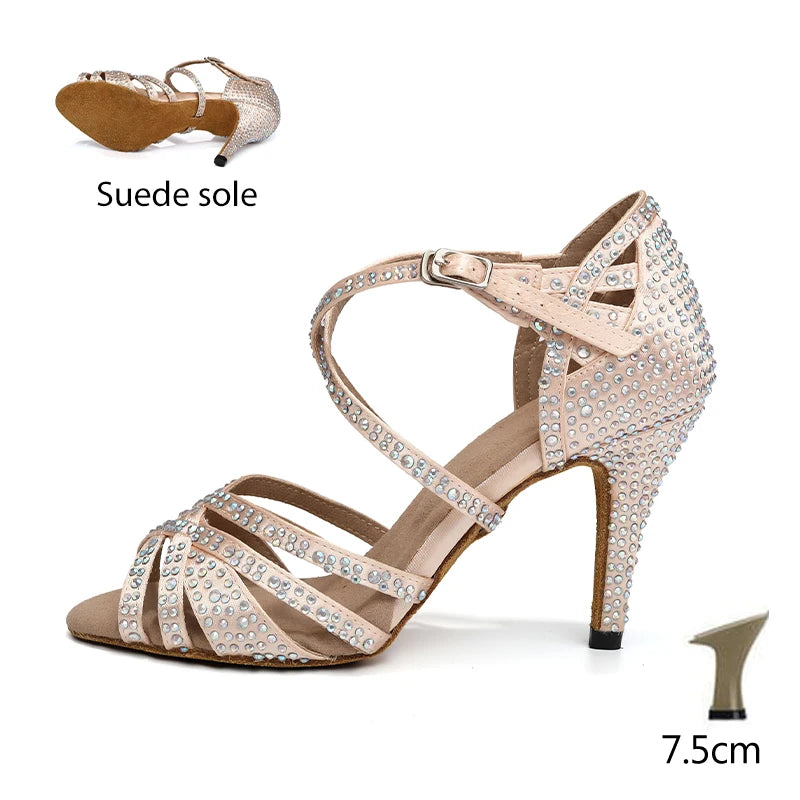HROYL Ballroom Latin Dance Shoes Ladies Girls New Silk Satin Shiny Rhinestone Cuban High Heels Party Salsa Dance Shoes Women