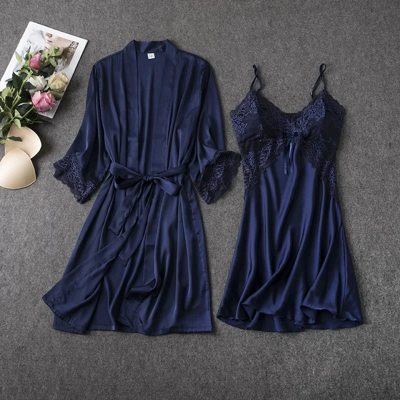 2PCS Pajamas Set White Women V-Neck Sleepwear M-XL Lace Kimono Sexy Nightshirts Flower Nightwear Robe Gown Sleep Suit Nightgown