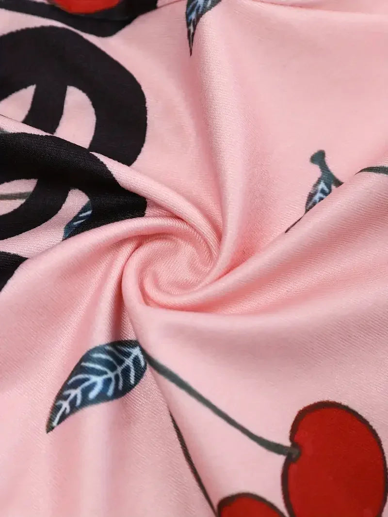Sexy Onesies Pajamas For Women Bodysuit Casual Cherry Print V-neck Front Button Long Sleeve Slim Fit Jumpsuit Sleepwear