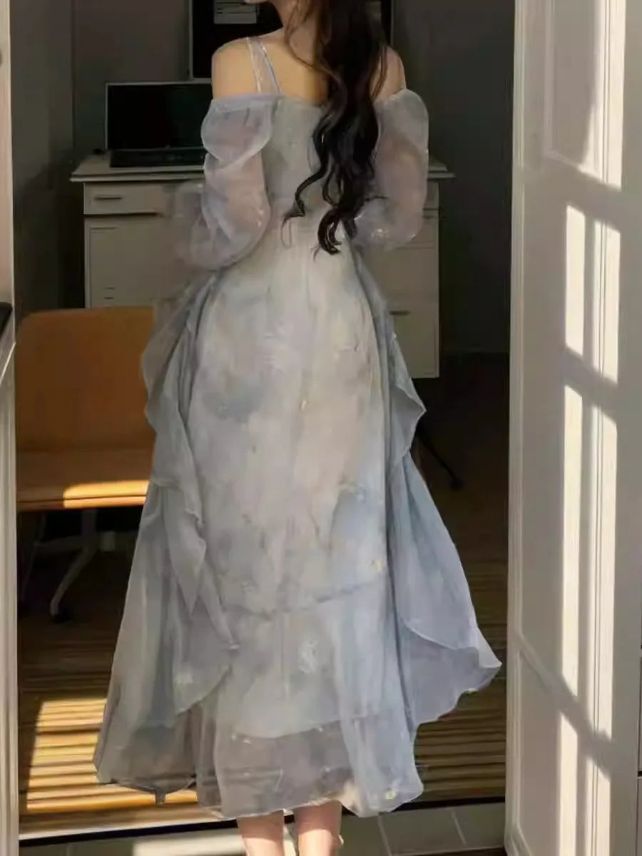 Summer Elegant Print Fairy Long Chiffon Dresses Women Off Shoulder Ruffles A-Line Birthday Party Dress One Piece Vestidos New