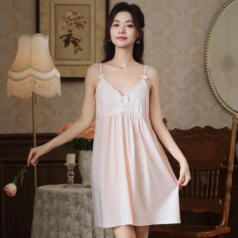 Cotton Strap Sleepwear for Women Summer French Sweet Lace Embroidered Pure Sleeping Dress with Chest Mat Home Clothes