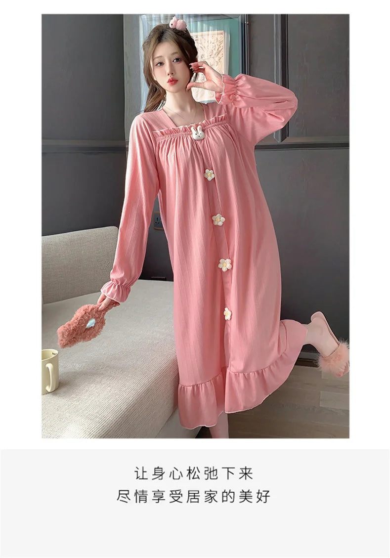 Autumn Winter New Women Cotton Nightdress With Chest Pad Long Dress Sweet Loose Long Sleeve Home Wear
