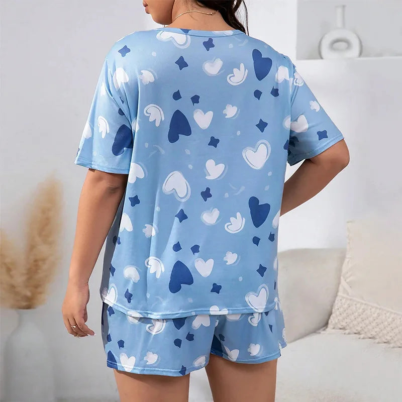 5XL Plus Size Women Pajama Set Print Sleepwear Short Sleeve Top with Shorts Summer Comfy Sleepwear 2 Pieces Loose Home Clothes