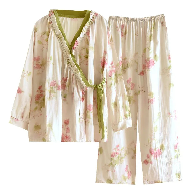 Japanese Kimono Style Pajama Set Women Ruffle V Neck 100% Cotton Crepe Loungewear Breathable Floral Sleepwear for Spring