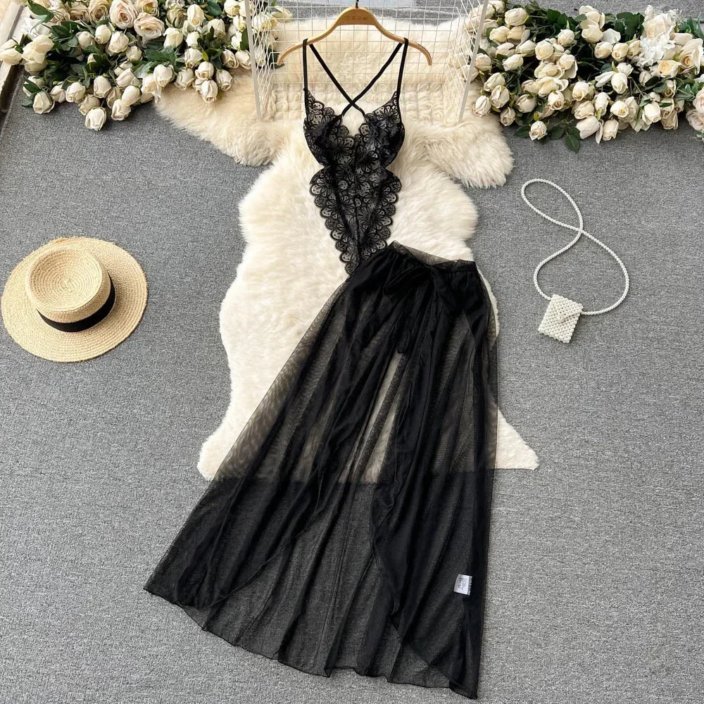 new Women's Multicolour Transpar Sexy Charming Flowing Mesh Long Skirt With Girls V-neck Lace Hollowed out Flower Top Two Pieces