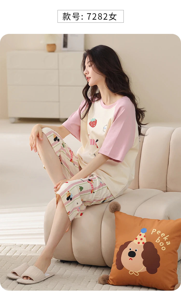 MiiOW 2Pcs Summer Women's Pajamas Set Cotton Short Sleeve Woman Homewear Cute Pink Patchwork Print Girls Pajamas Woman Sleepwear