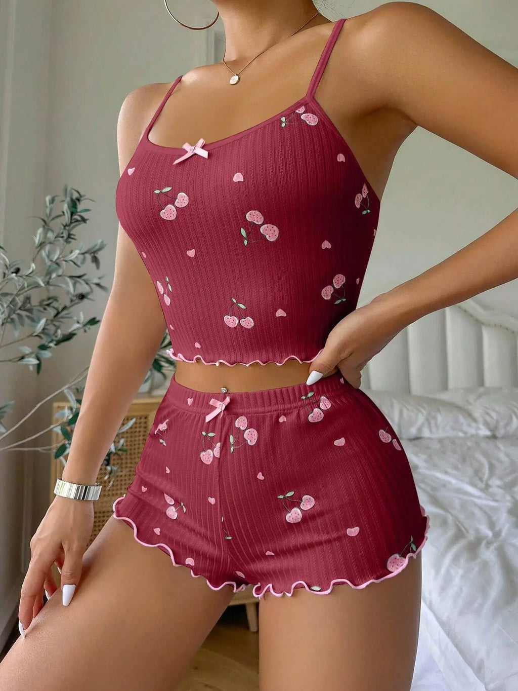 Heart Print 2 Pieces Pajama Set for Women Sleepwear Round Neck Backless Comfortable Crop Cami Top & Shorts, Summer Loungewear