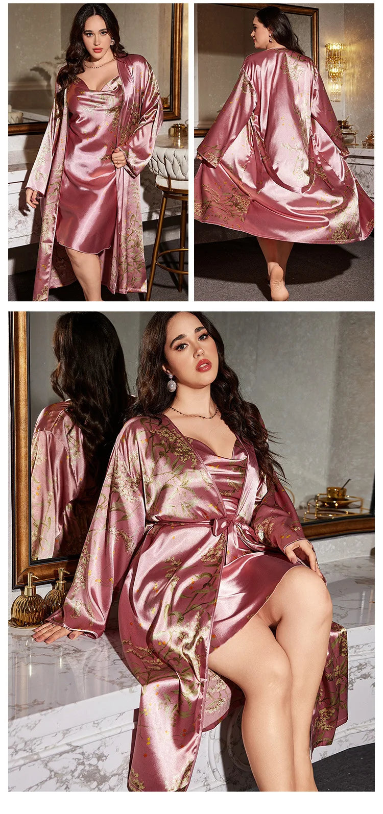 Large Size Female Long Robe Pajamas Four-Piece Set Sleepwear Sexy Lingerie Print Floral Bathrobe Pijamas Suit Loose Homewear 5XL
