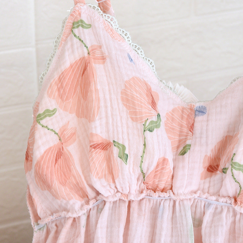 2026 New Summer Women's Pajama Set 100% Cotton Suspenders+Shorts with Chest Pads Two Piece Set of Ladies Flower Home Furnishings