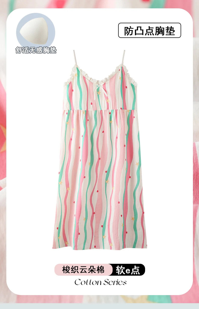 Summer Women Sleeveless Nightdress With Chest Pad Femme Knited Cotton Nightwear Floral Sling Sleepdress