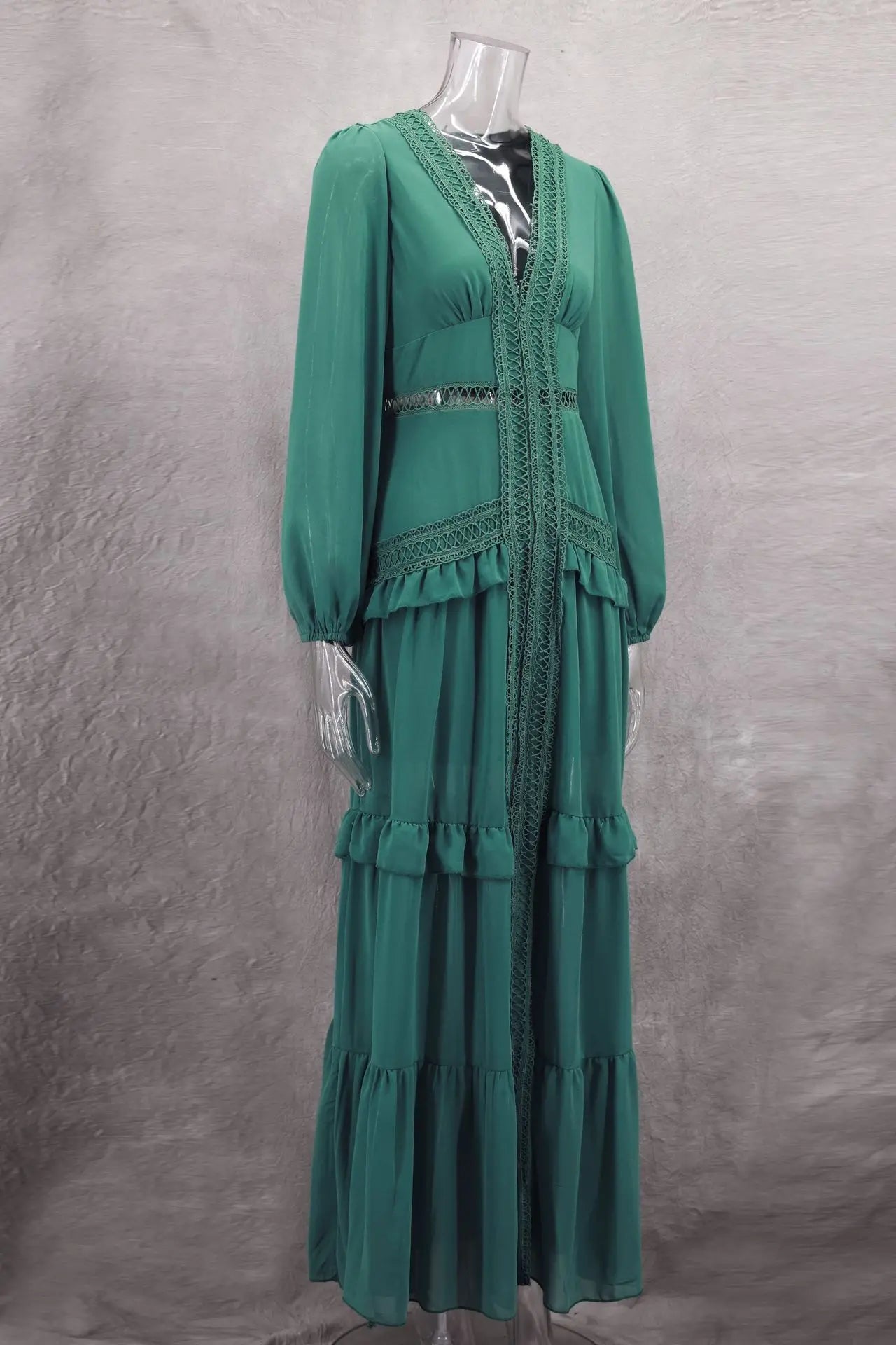 Elegant Womens Maxi Dress Ruffles Long Sleeve Hollow Out Evening Dresses Party Chic Robe Green Blue Purple New In Holiday Summer