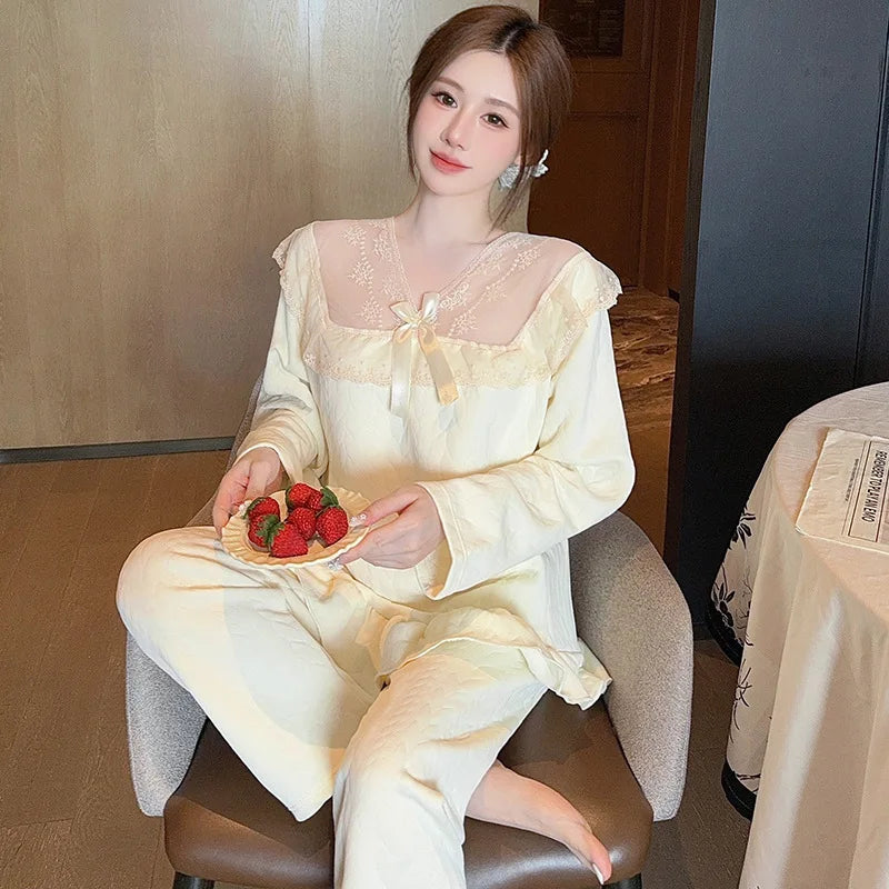 M-5XL Large Size Princess Sle Pajamas Set Women Autumn Long Sleeve Pants Home Clothes Lace Trim Solid Spwear Two Piece Set