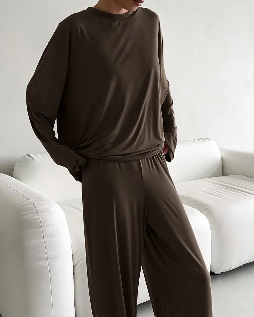 New 2026 Brown Loose Female Sleepwear Suit O-Neck Nightgowns Long Sleeve Nightwear Wide Leg Pants Women's Pajamas 2 Piece Set