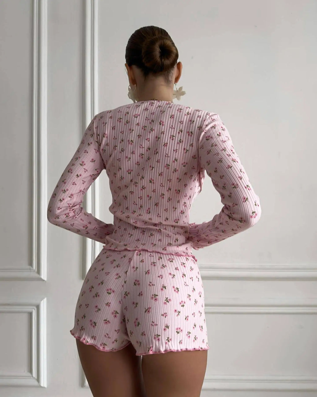 Elegant Flower Print 3 Piece Knit Crop Top Sexy Elastic Waist Short Pants Suits And Bra Pajamas Casual Button Down Blouse