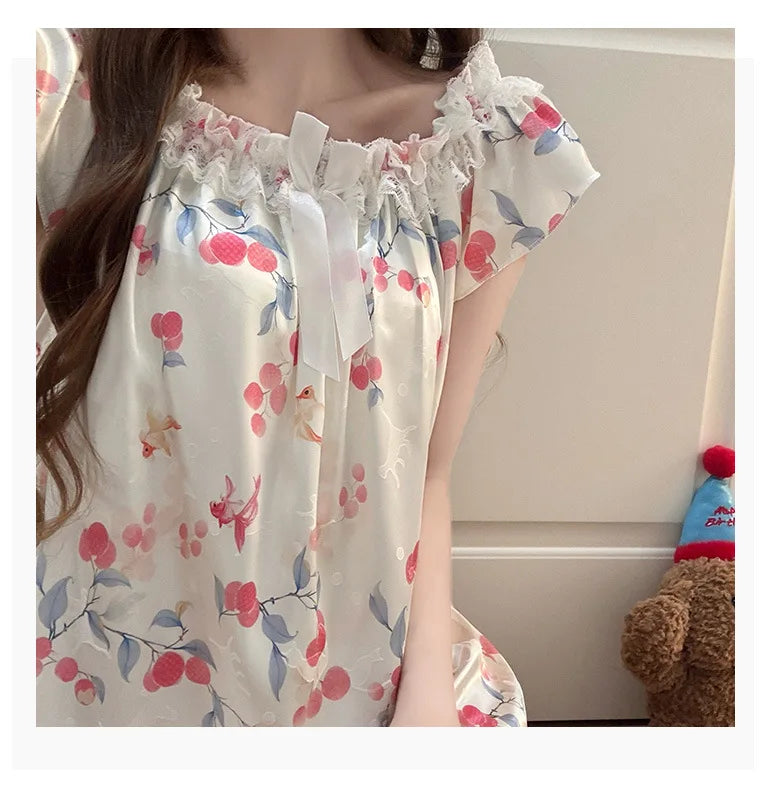Ice Silk Satin Pajamas Women's Korean Summer Nightgown with Chest Pads Sweet Lace Ruffle Sleeved Long Dress Floral Loungewear