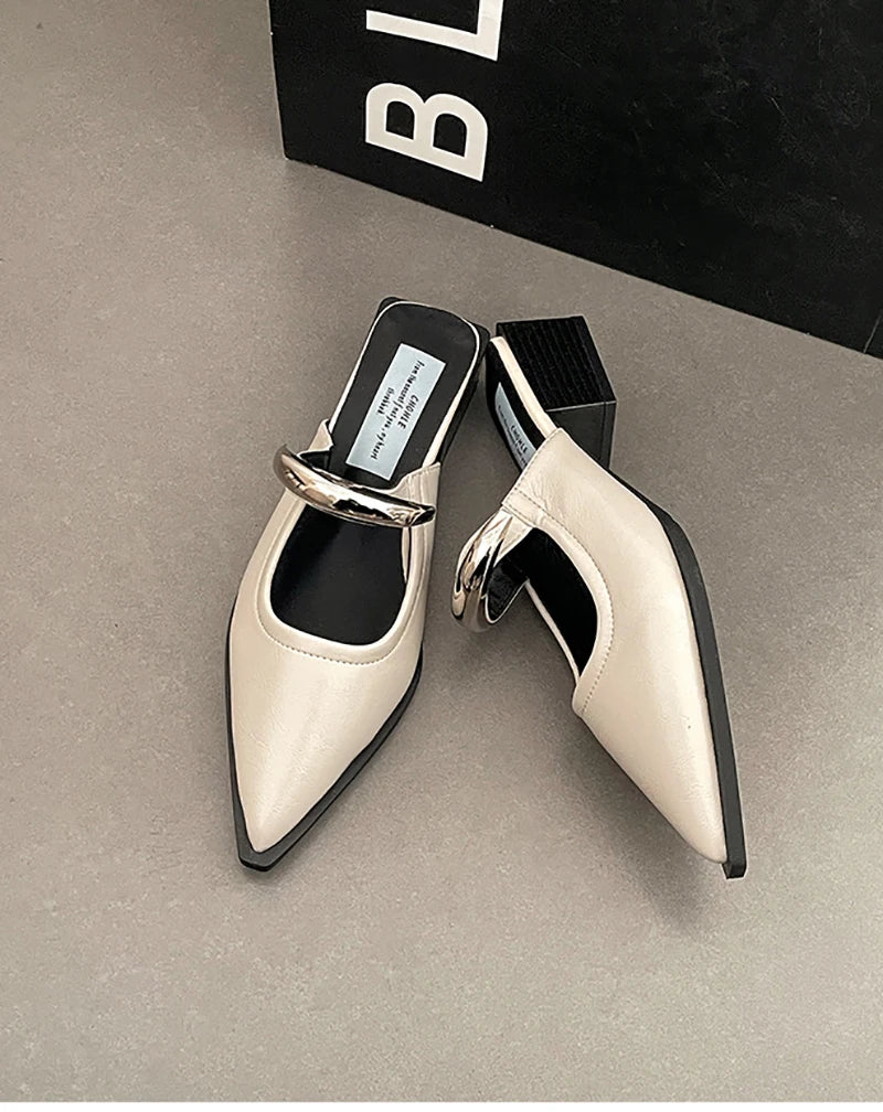 Summer Women Cover Toe Mules Slippers Fashion Metal Decoration Thick Heel Slide Shoes Comfort Street Style Footwear