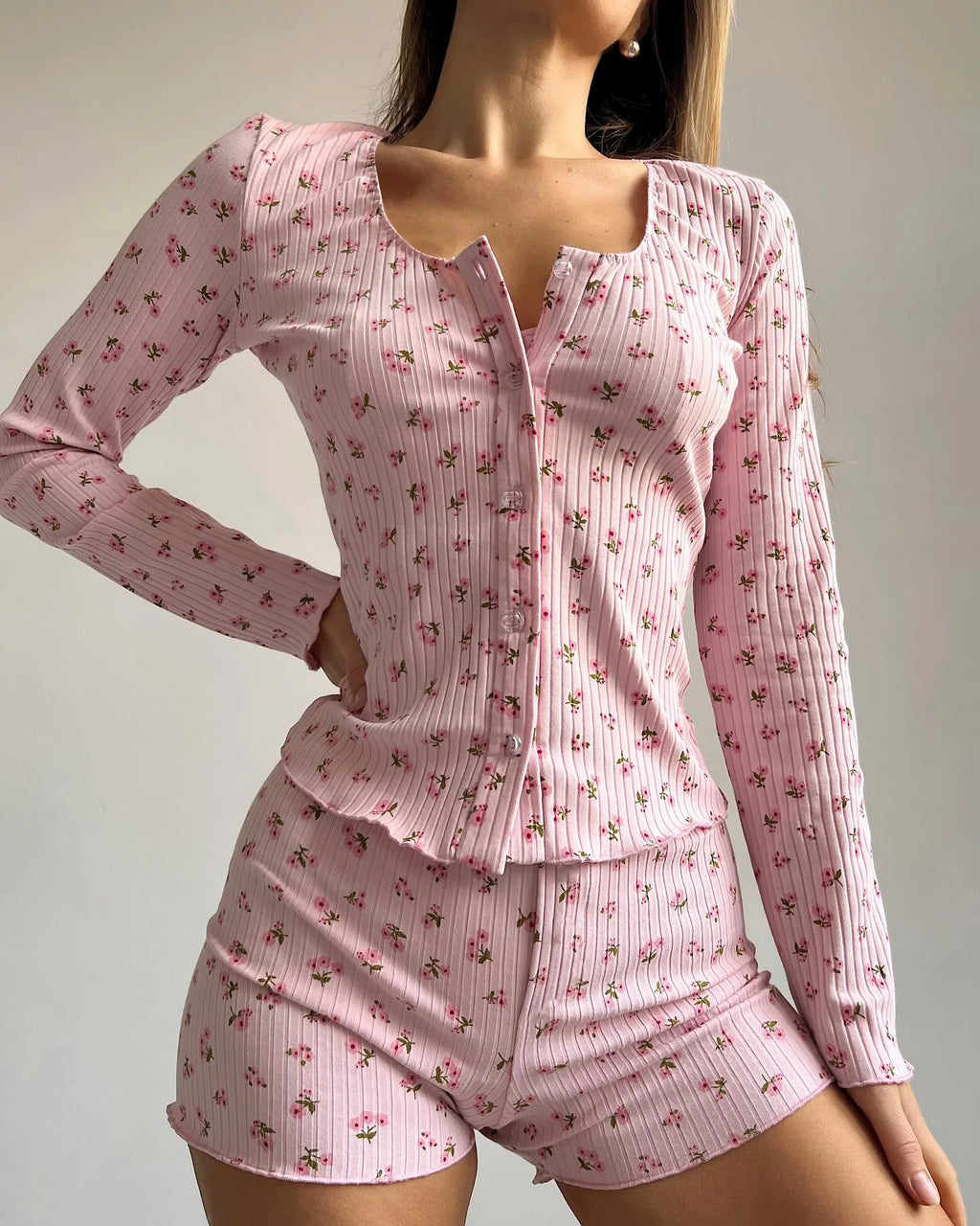 Elegant Flower Print 3 Piece Knit Crop Top Sexy Elastic Waist Short Pants Suits And Bra Pajamas Casual Button Down Blouse