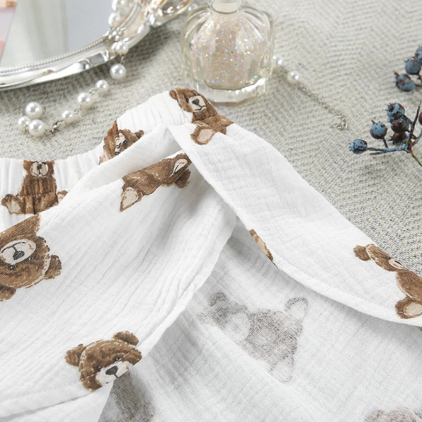 2024 Spring New European and American Pure Cotton Cute Print Warm Long sleeved Shorts and Pajamas Two piece Home Set