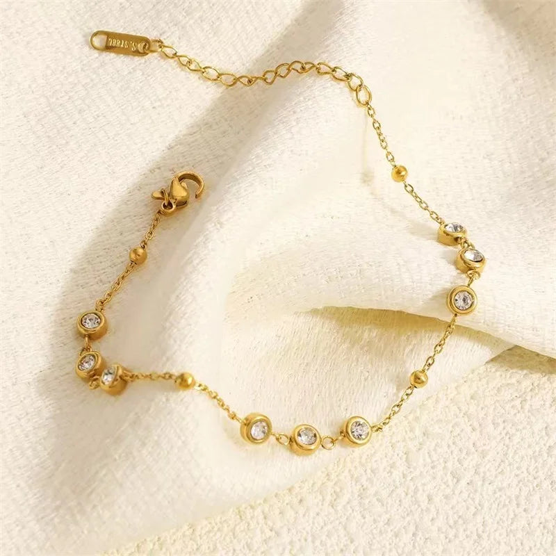 GANEMLY 316L Stainless Steel Round Sparkling Zirconia Bracelet For Women Fashion Fine Wrist Chain Waterproof Jewelry Lady Gift