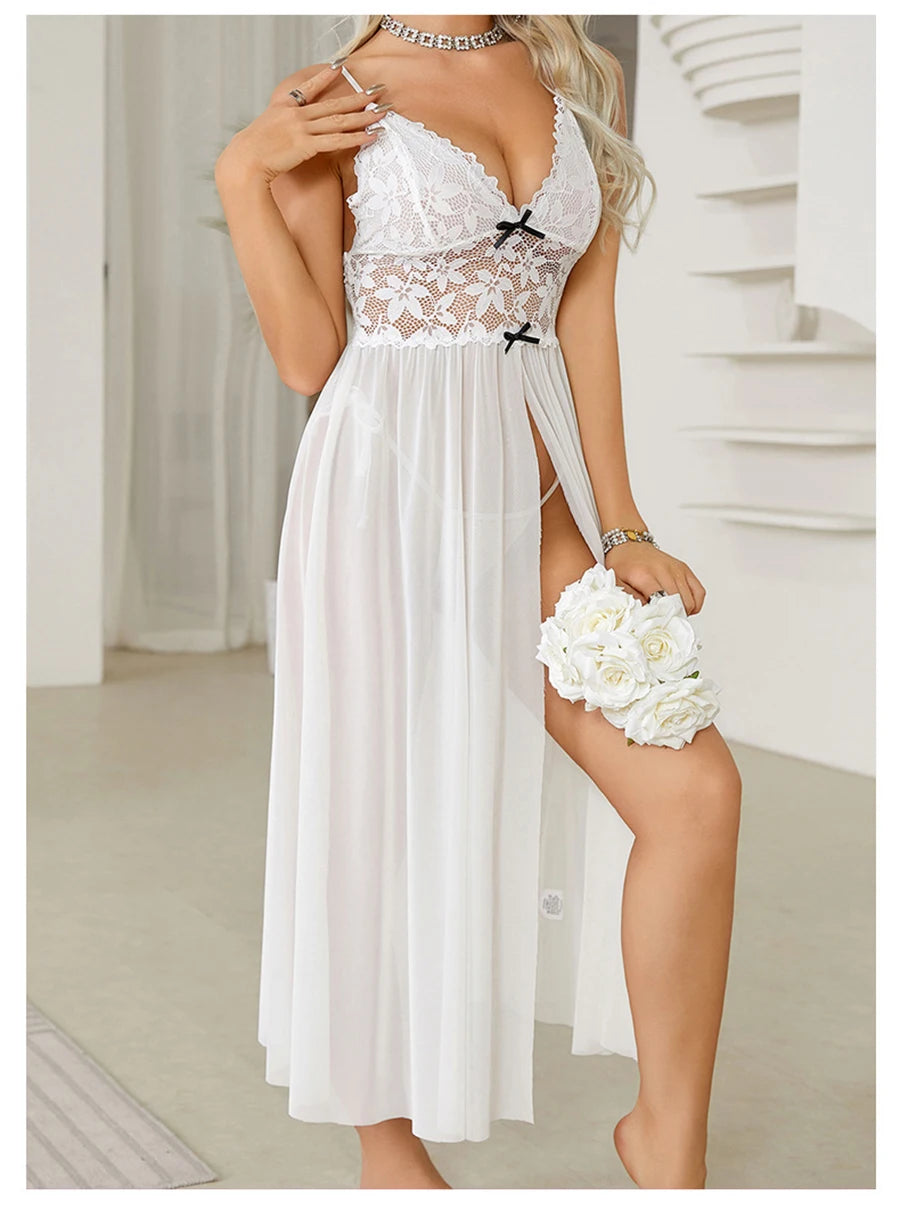 Women Sexy Floral Lace Mesh Nightgown V-Neck Sleeveless High Slit Backless Slip Dress with Bowknot Suspender Lingerie Sleepwear