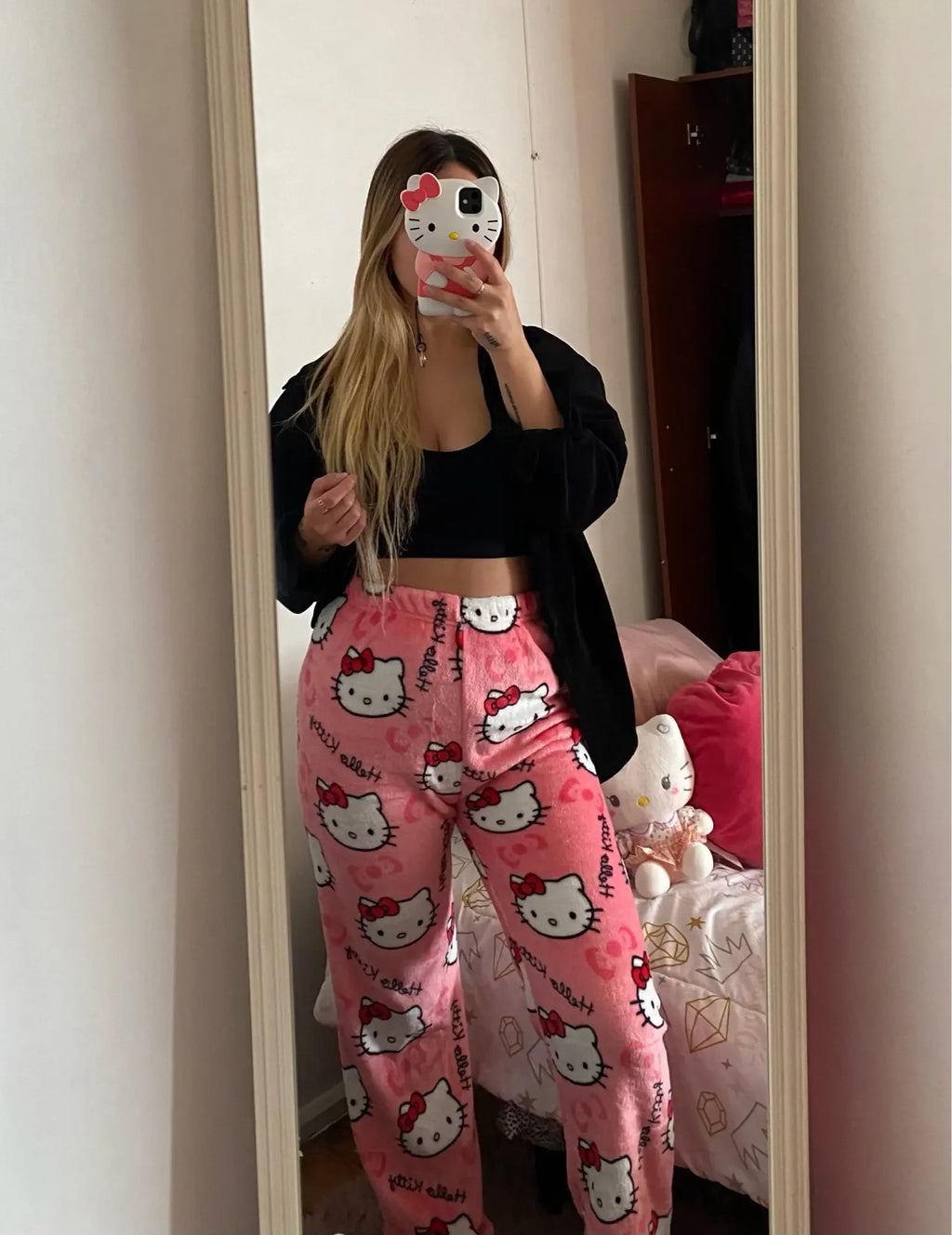 Y2K Hello Kitty pajamas anime women's pajamas cartoon couple walking home pajamas trousers casual homewear