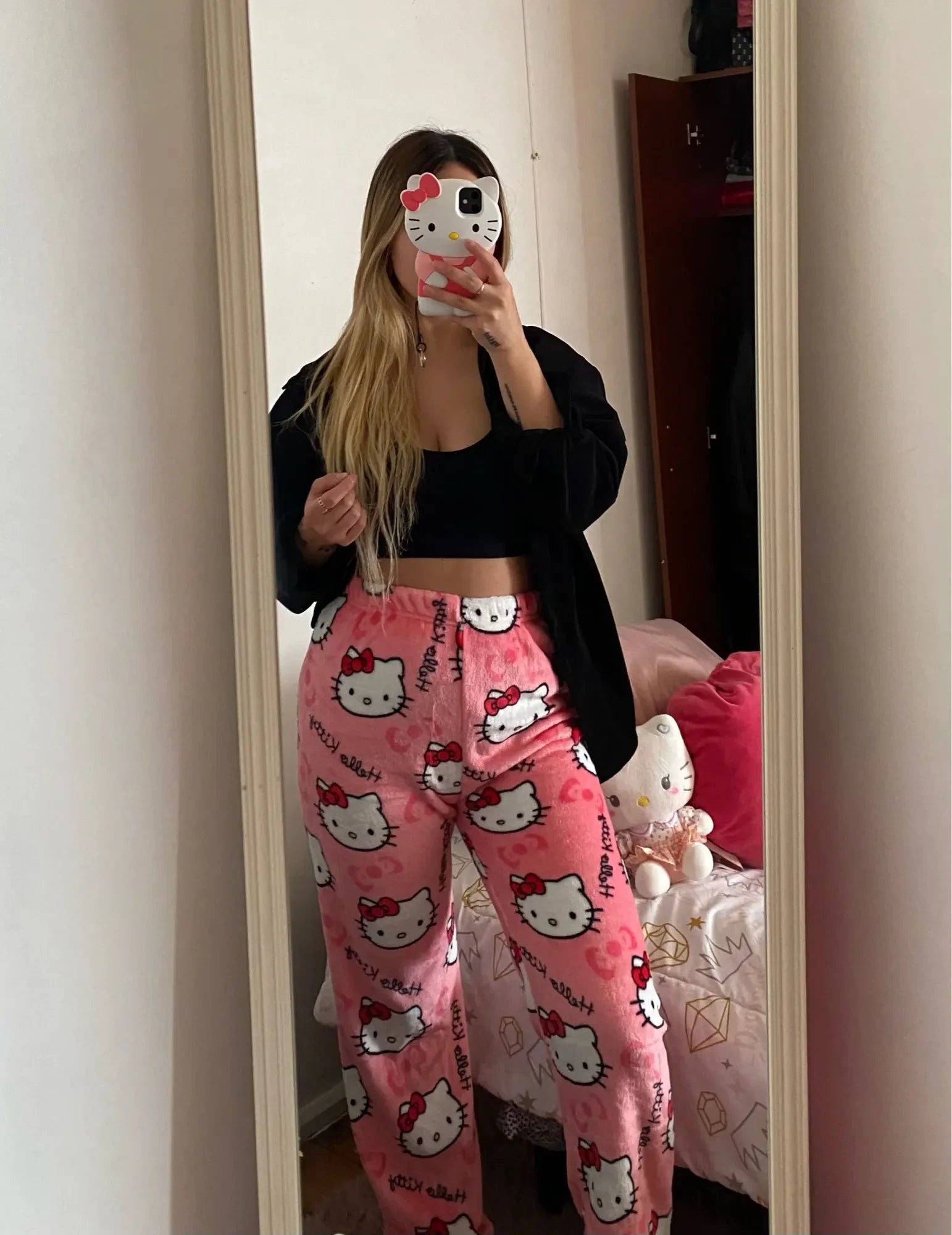 Y2K Hello Kitty pajamas anime women's pajamas cartoon couple walking home pajamas trousers casual homewear