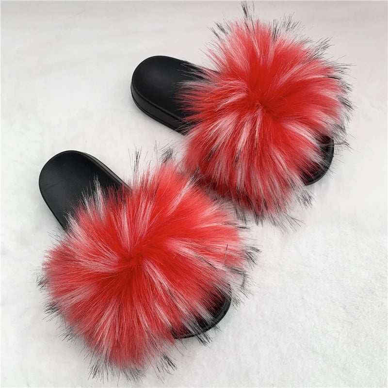 Ladies Fluffy Slippers Summer Women Faux Fur Soft Slides Stylish Open Toe Sandals Outdoor Indoor Furry Comfortable Beach Shoes