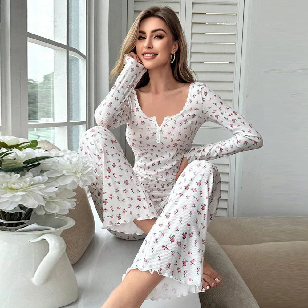 Women Sexy Floral Print Pajama Sets Soft Comfortable Long Sleeve Top and Pants Loungewear Sleepwear Two Piece Set Homewears