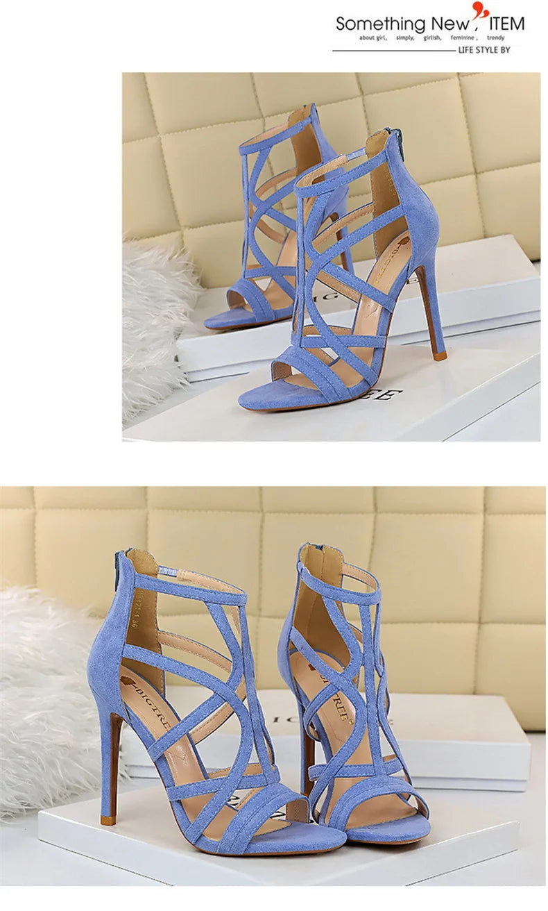 Women Roman style Thin High Heels Pumps Pointed Toe Suede Hollow Strap Party Shoes Solid Solid Ankle Zip Summer Sandals