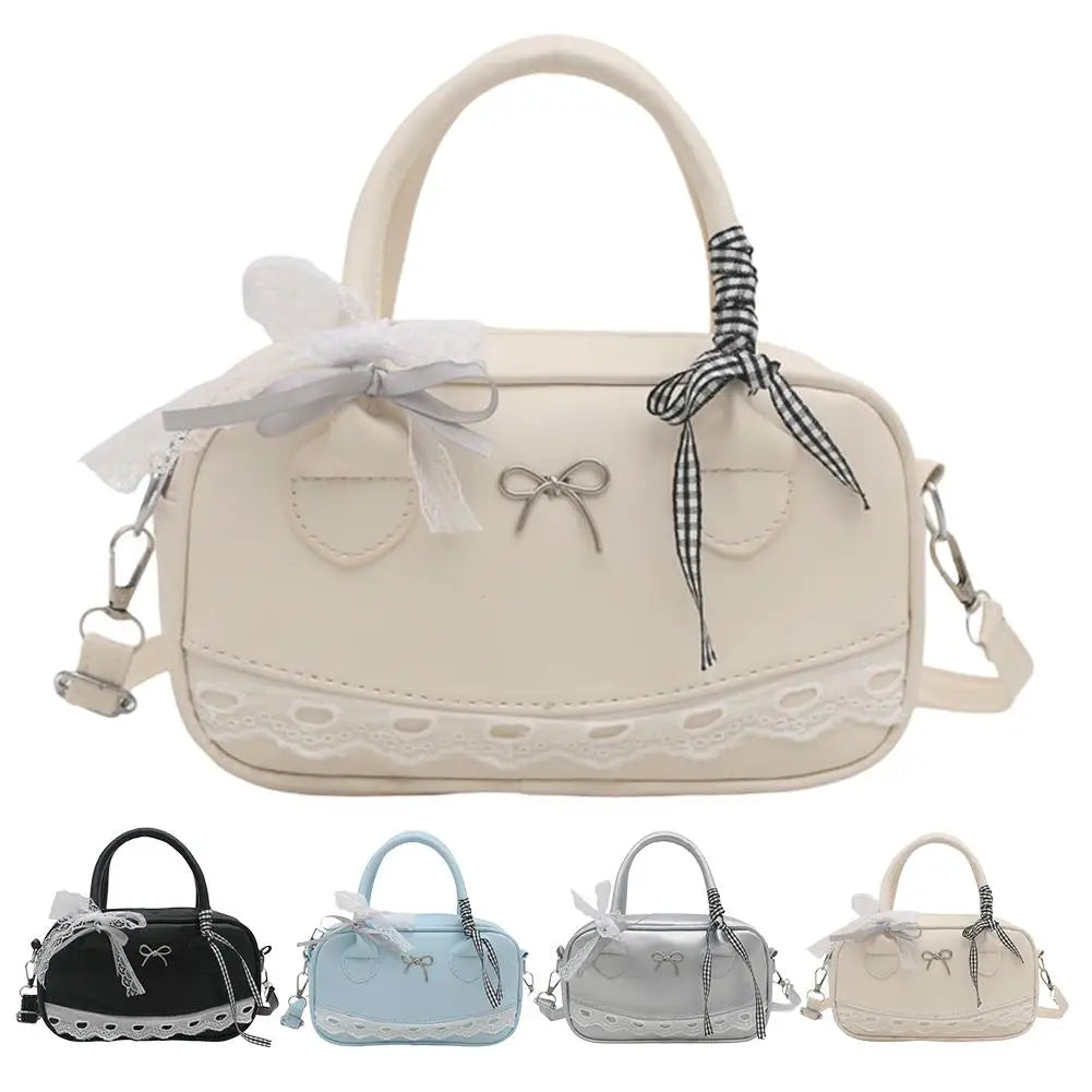 Simple Elegant Handbag Boston Shoulder bag Lace Ribbon Bow Decor Crossbody Bag Small Square Bag Casual Women Bags ﻿