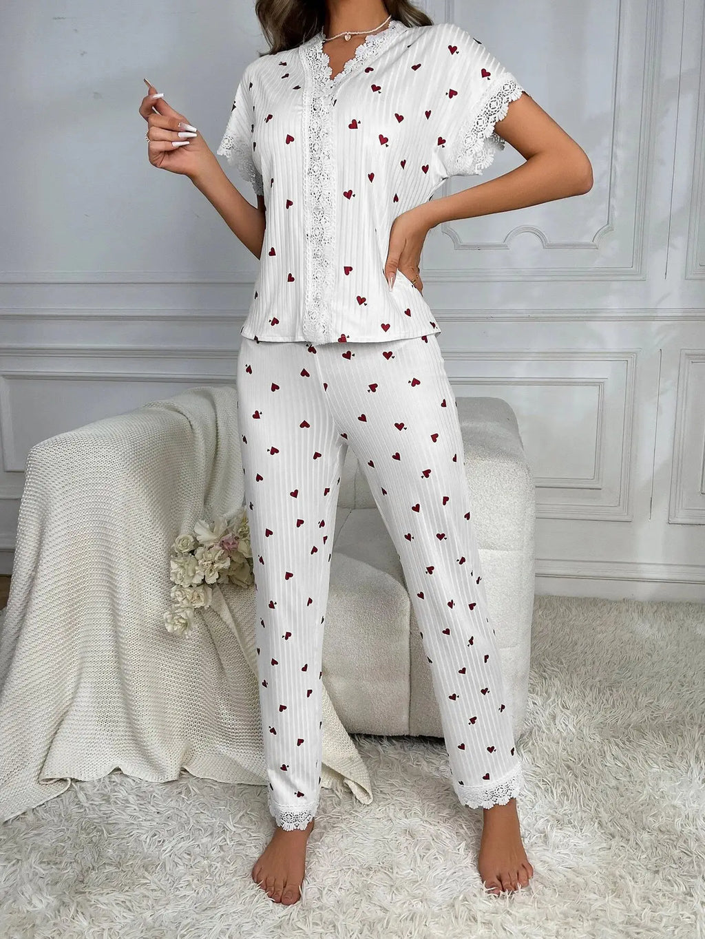 Lace Trim Women Pajama Set Short Sleeve Front Button Top & Full-Length Pants Cherry Print 2 Pieces Sleepwear Nightwear Homewear
