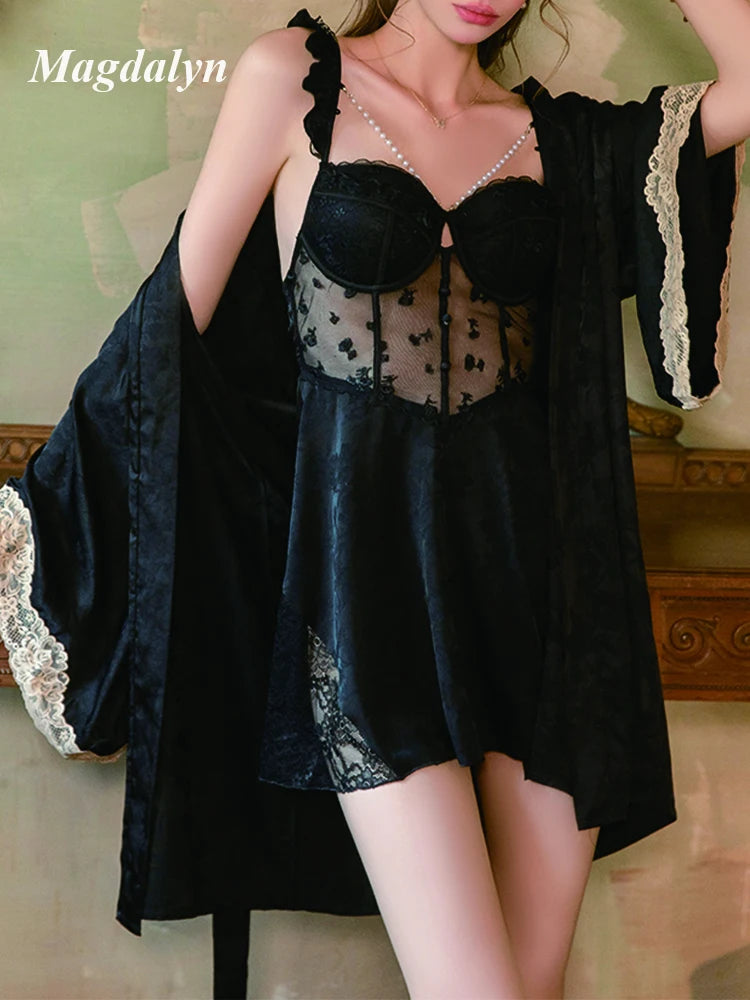 Magdalyn Women Sexy Satin Floral Embroidered Strappy Dress Ins Sleepwear Pajamas Nightgowns Padded Lace Spaghetti Strap Sundress