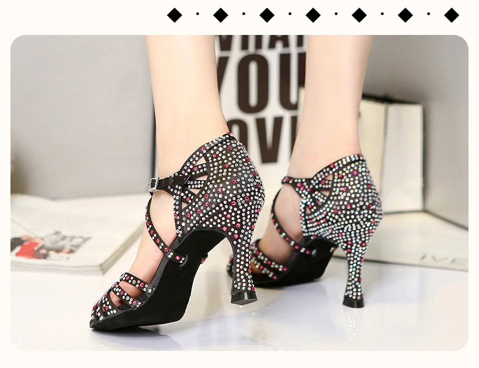 HROYL Ballroom Latin Dance Shoes Ladies Girls New Silk Satin Shiny Rhinestone Cuban High Heels Party Salsa Dance Shoes Women